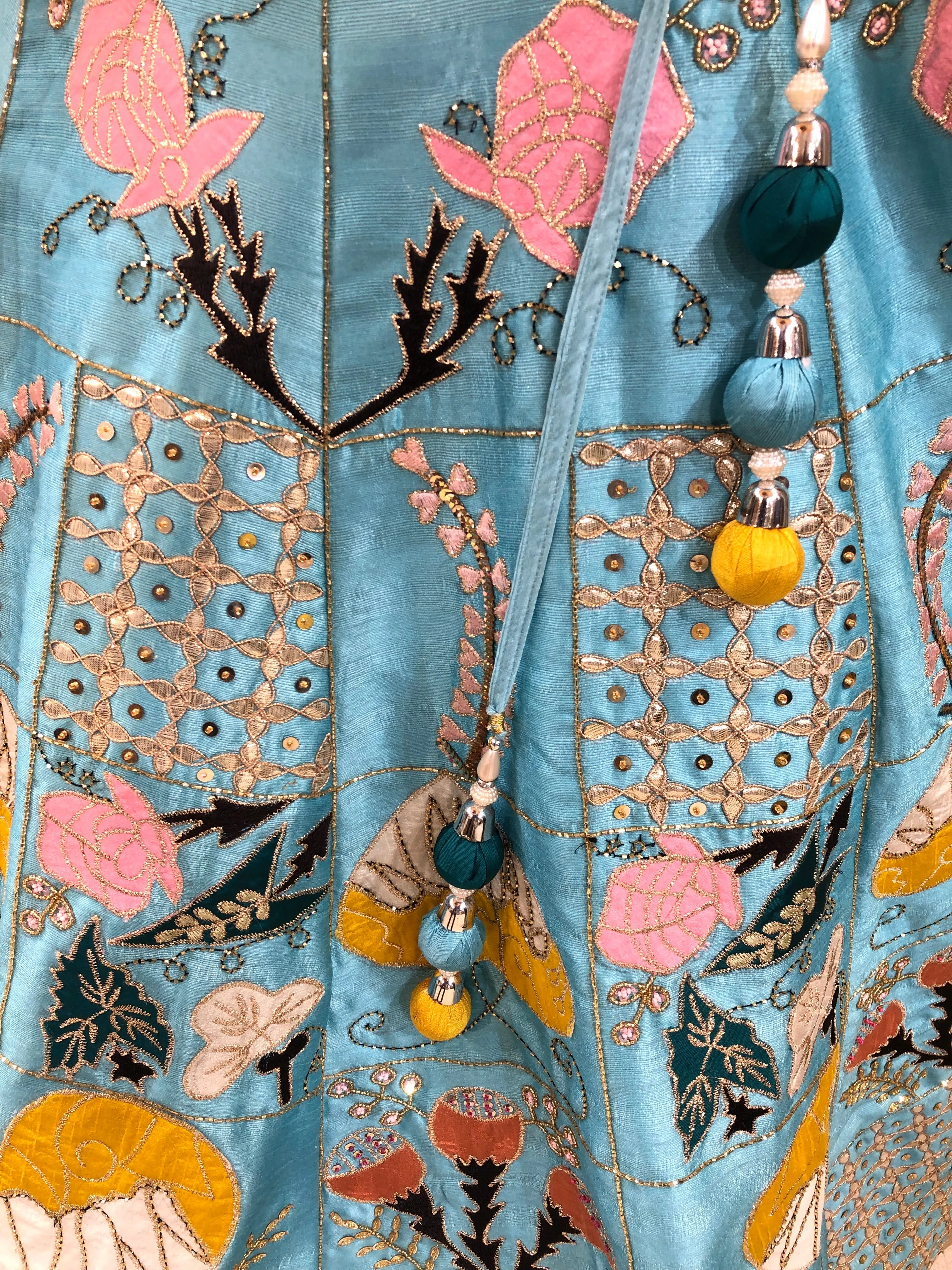 Firozi Silk Lehenga With Sequence And Mirror