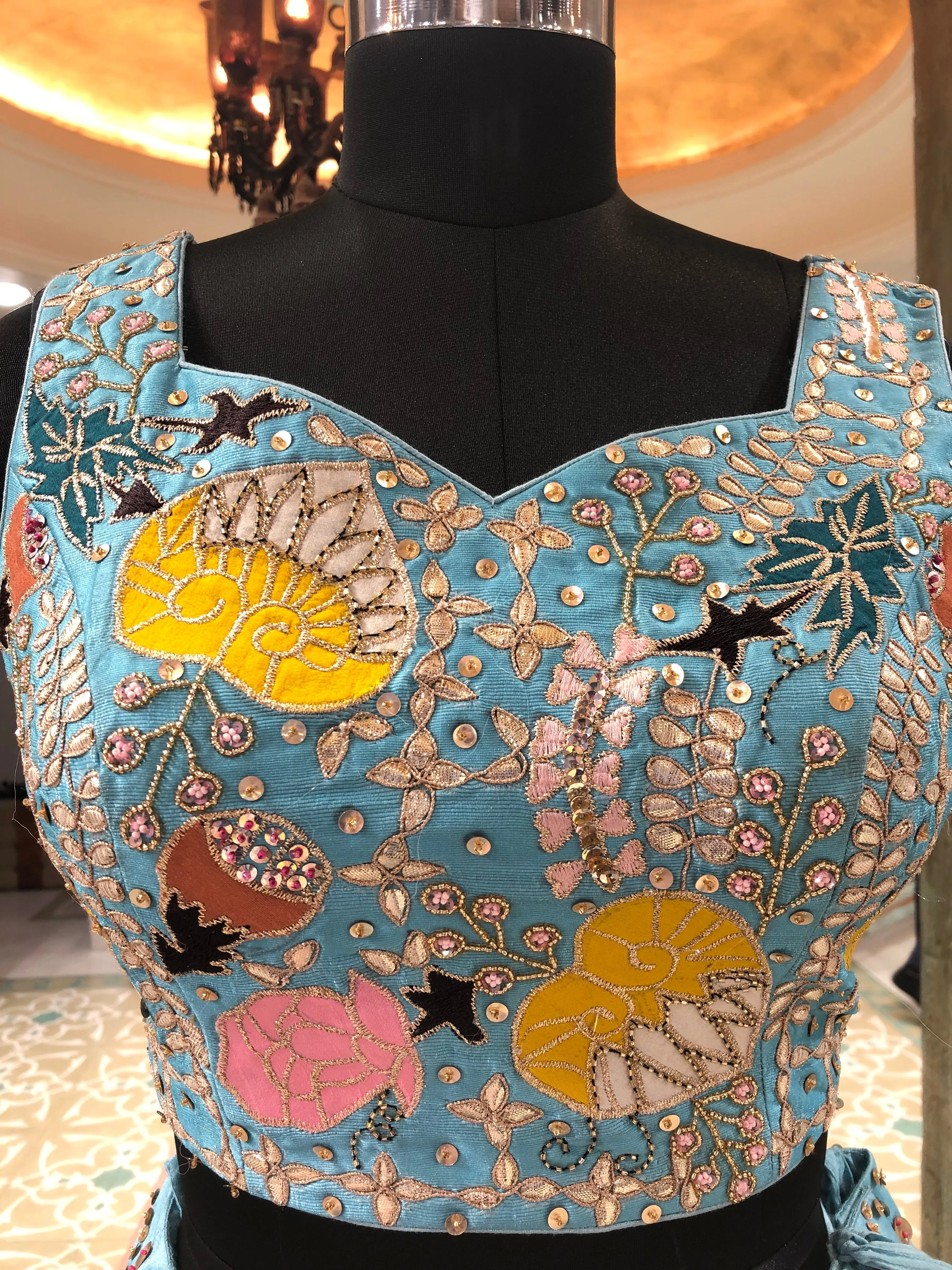Firozi Silk Lehenga With Sequence And Mirror