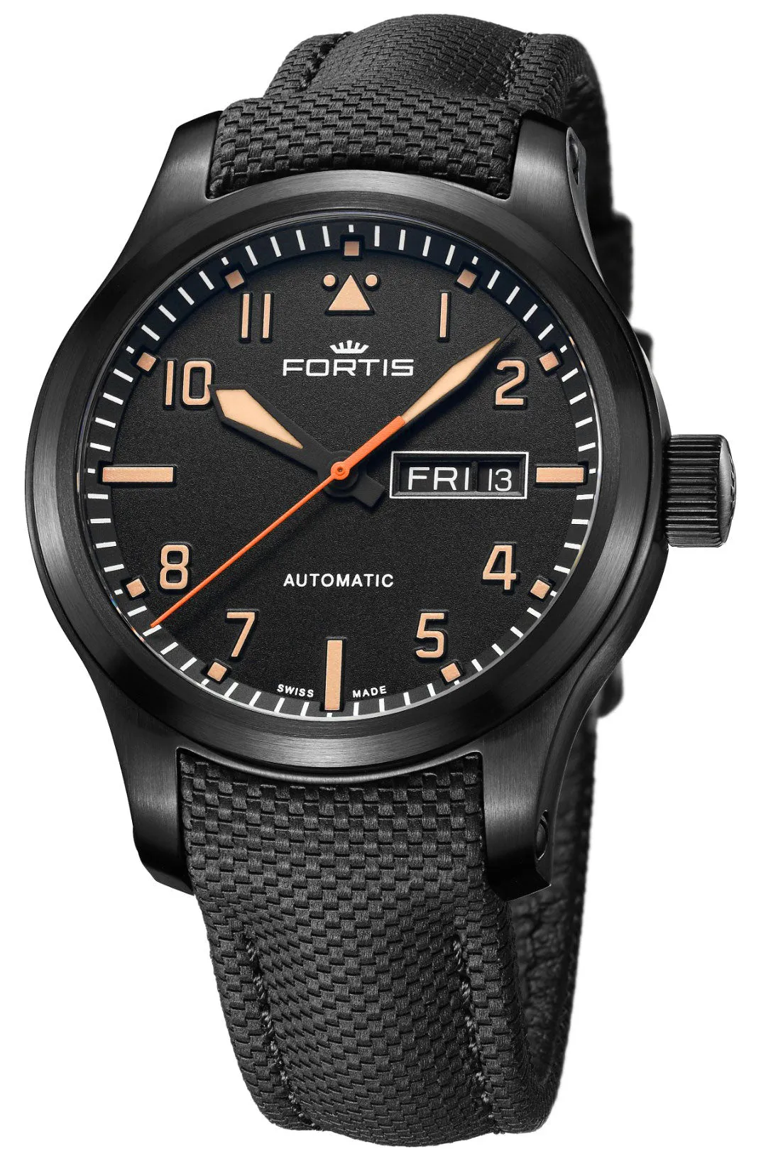Fortis Aeromaster Stealth Mens Diver Watch - Automatic, Black PVD Case, Black Dial, Day/Date Display, Black Textile Strap, Model F4020007