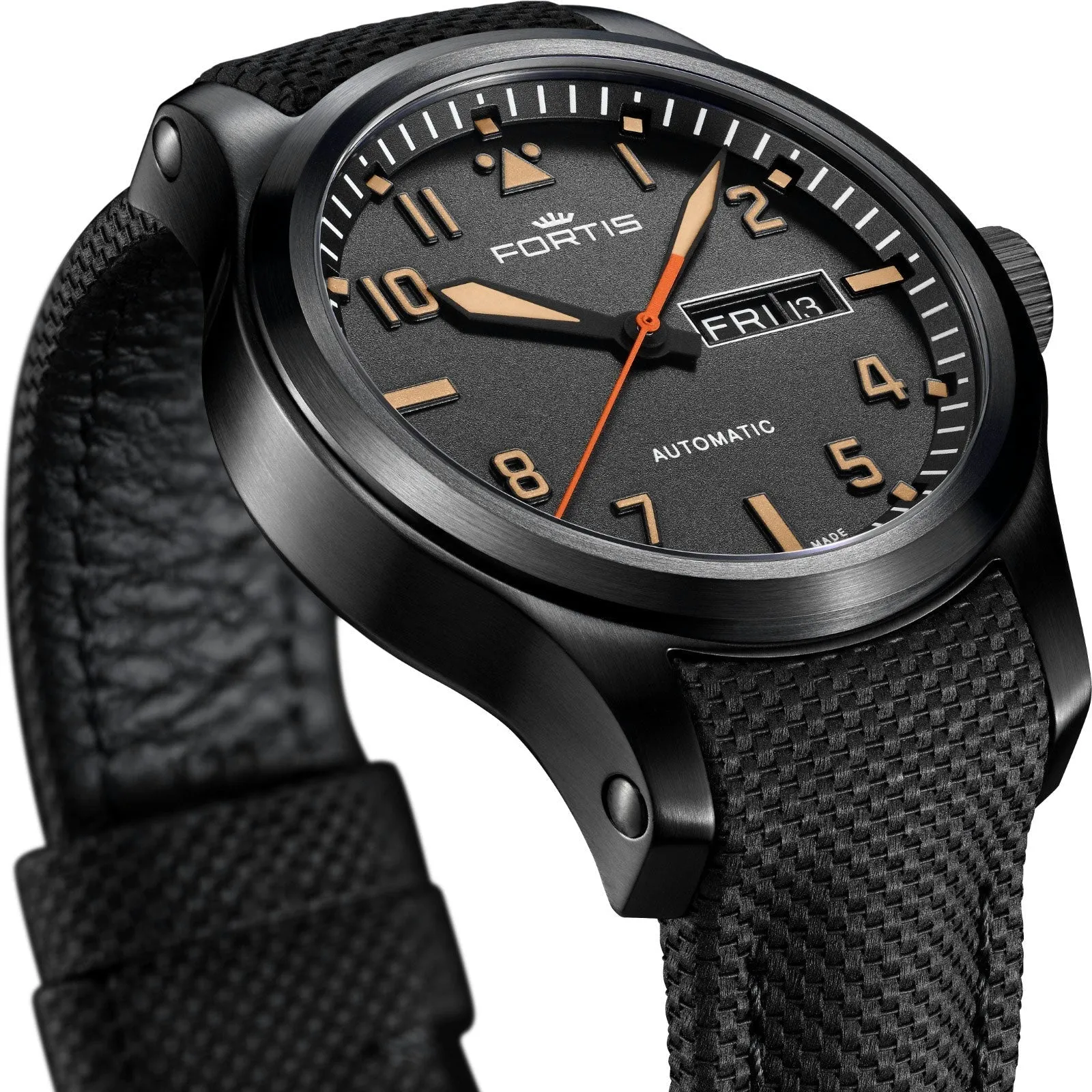 Fortis Aeromaster Stealth Mens Diver Watch - Automatic, Black PVD Case, Black Dial, Day/Date Display, Black Textile Strap, Model F4020007