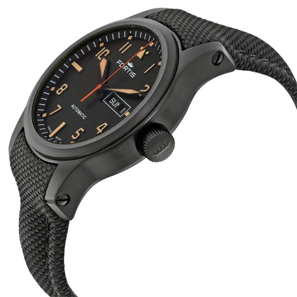 Fortis Aeromaster Stealth Mens Diver Watch - Automatic, Black PVD Case, Black Dial, Day/Date Display, Black Textile Strap, Model F4020007