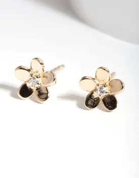 Gold Plated Sterling Silver Flower Cubic Zirconia Stud Earrings
