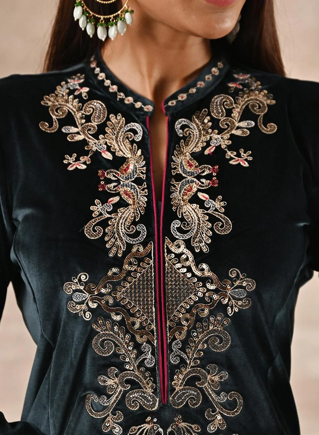 Green Velvet Kurta with Sequins Work