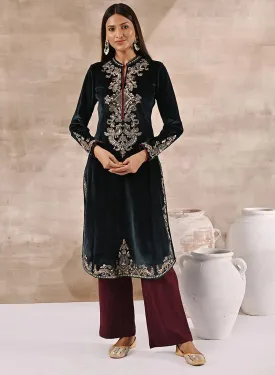 Green Velvet Kurta with Sequins Work