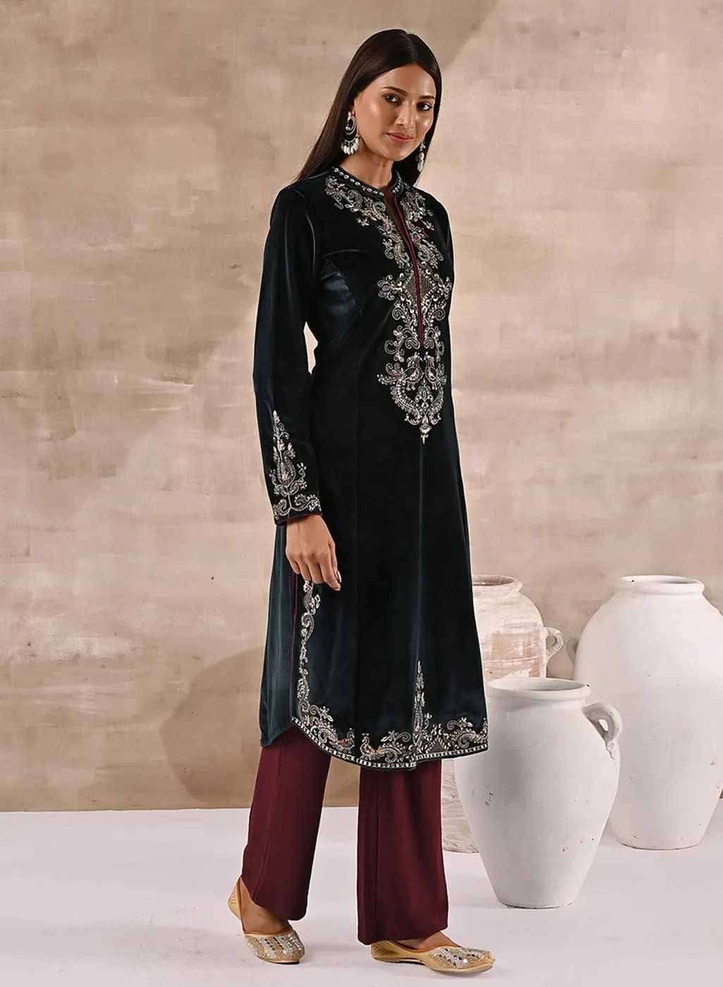 Green Velvet Kurta with Sequins Work