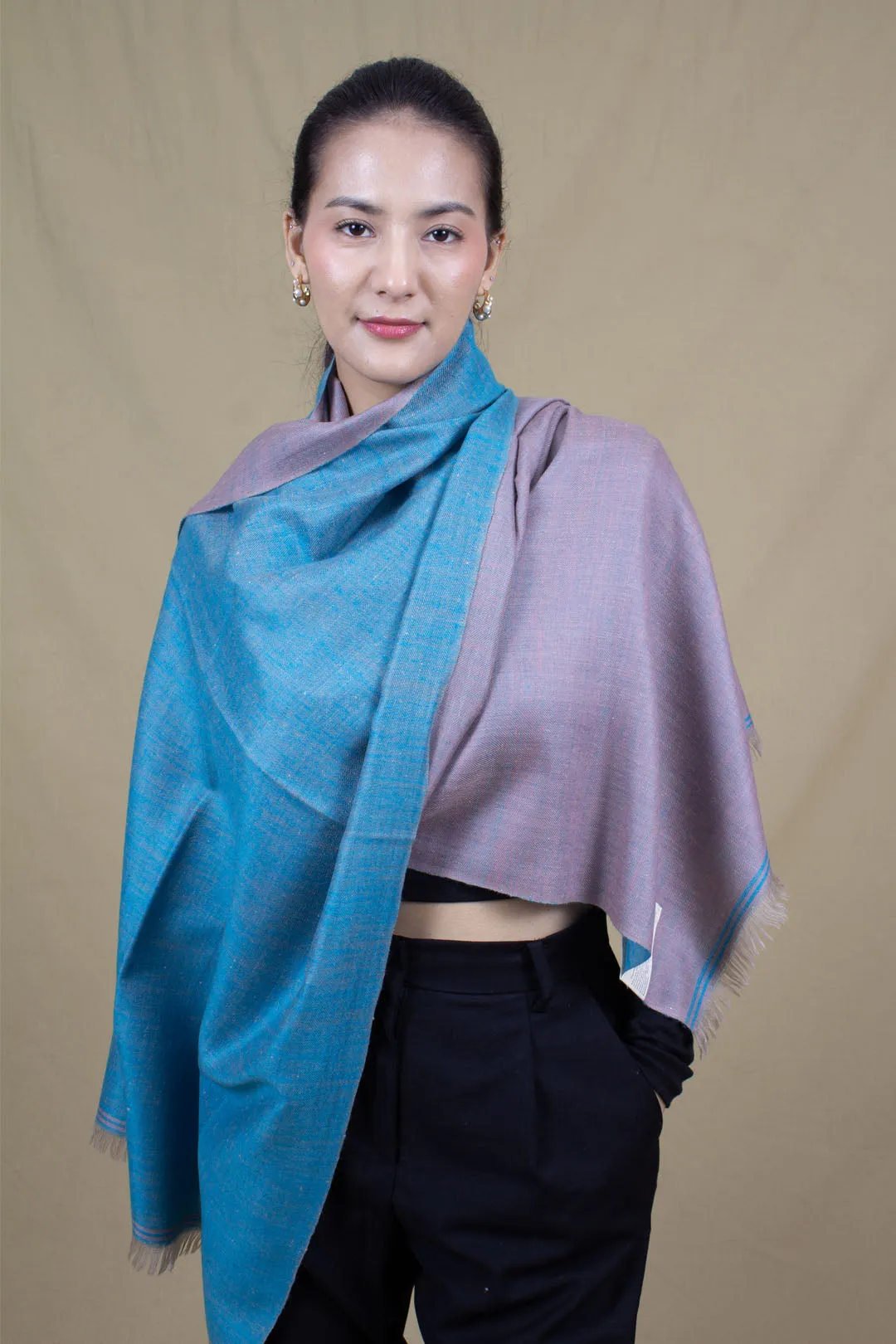 Gulcan Light Summer Blue And Grey Reversible Cashmere Stole