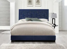 Hadlee King Bed, Dark Blue Velvet w/Nailhead Trim Headboard