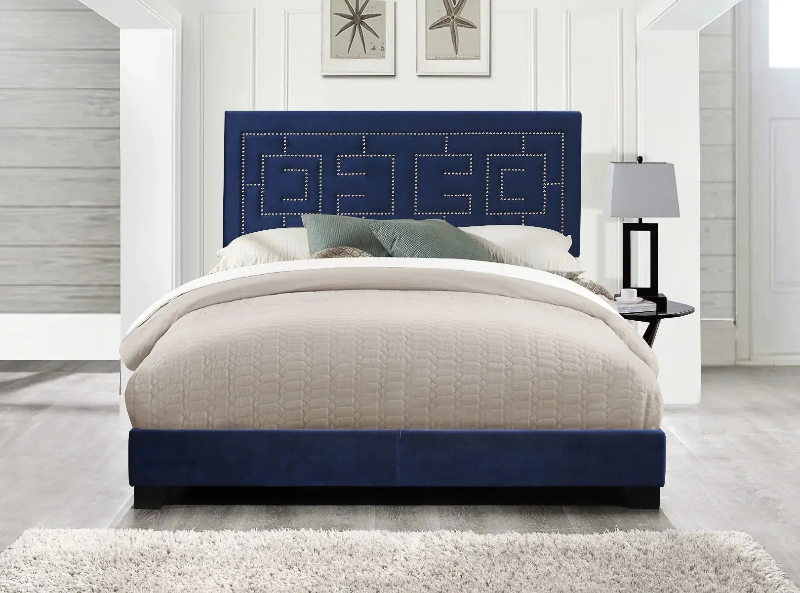 Hadlee King Bed, Dark Blue Velvet w/Nailhead Trim Headboard