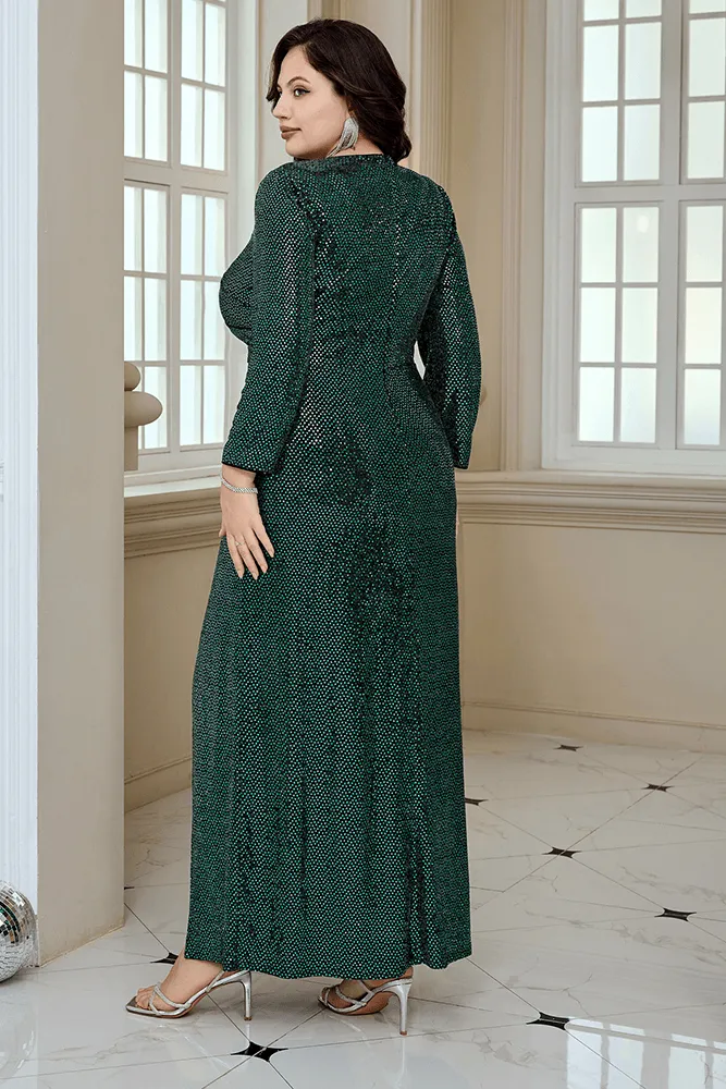 HN Sequined Party 3/4 Sleeve V-Neck High Slit Maxi Dress