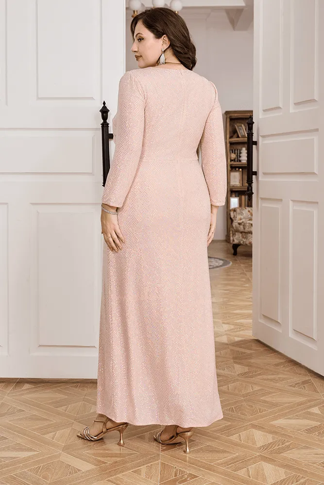 HN Sequined Party 3/4 Sleeve V-Neck High Slit Maxi Dress