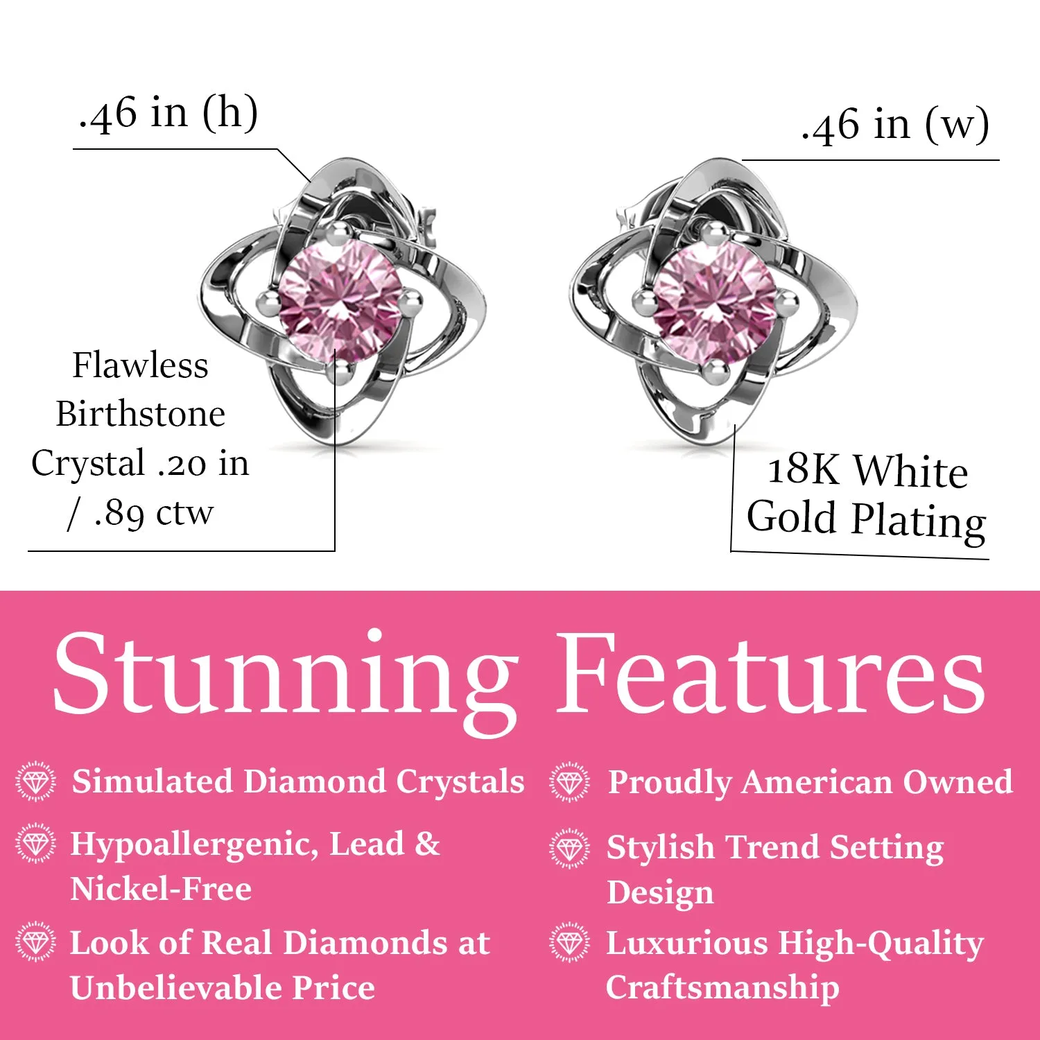 Infinity October Birthstone Pink Tourmaline Earrings, 18k White Gold Plated Silver Birthstone Earrings with Crystals