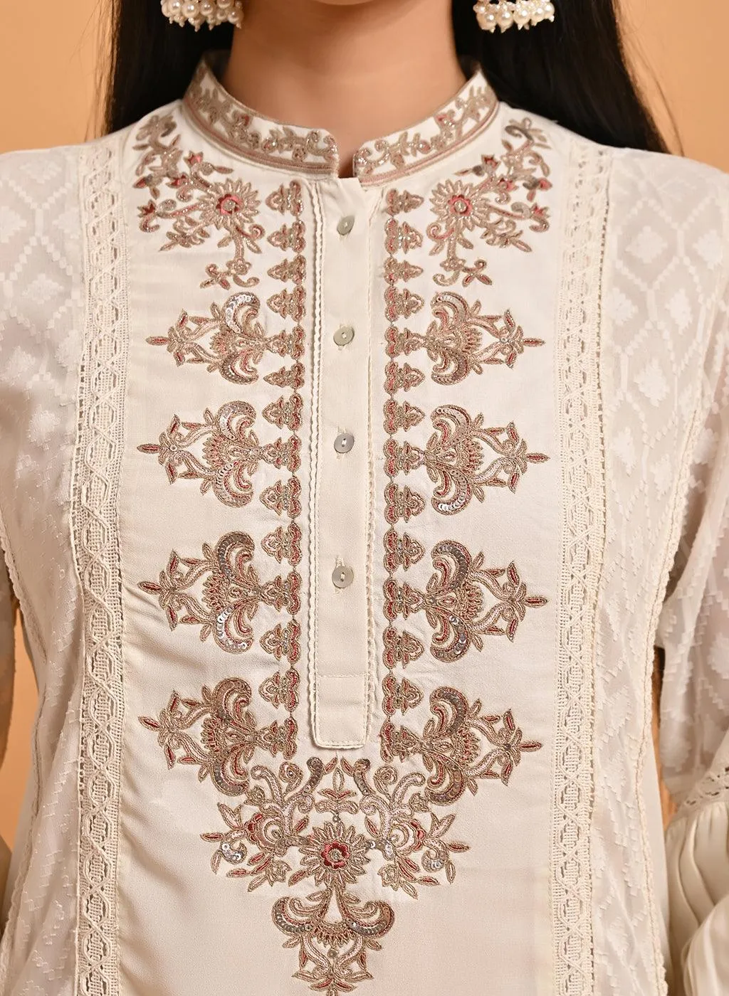 Ivory Long Kurta with Embroidery and Flared Sleeves