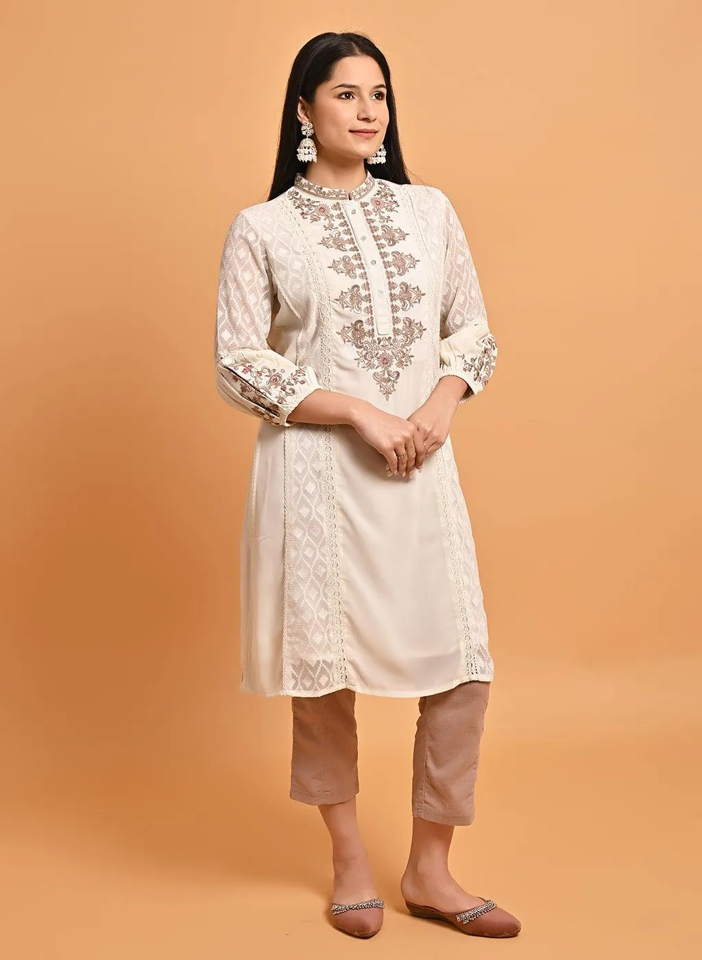 Ivory Long Kurta with Embroidery and Flared Sleeves