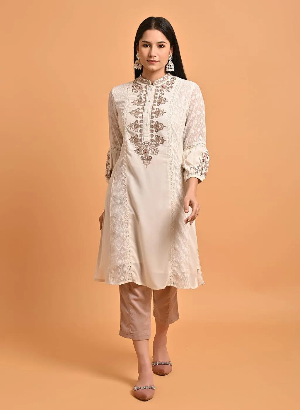 Ivory Long Kurta with Embroidery and Flared Sleeves