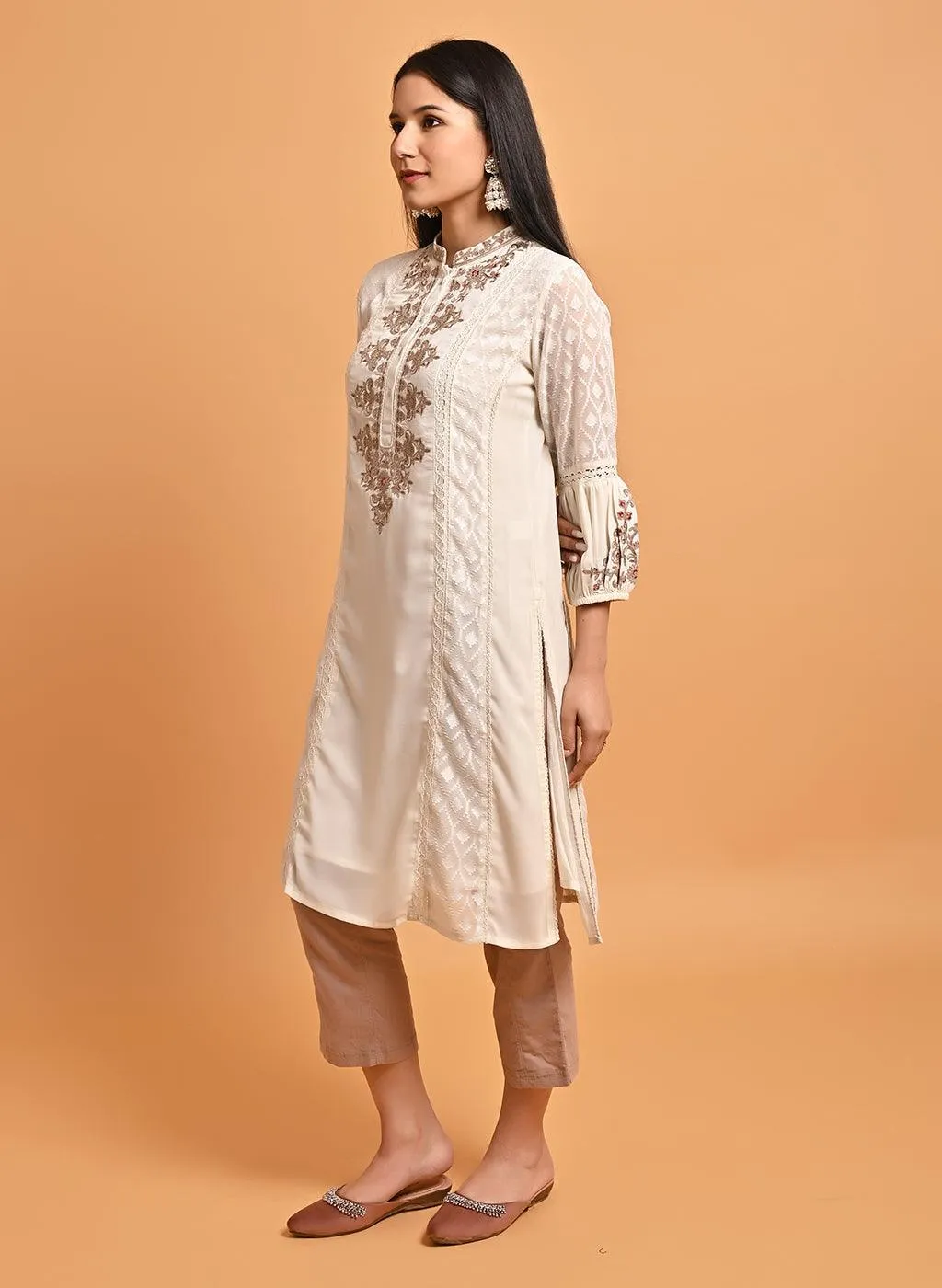 Ivory Long Kurta with Embroidery and Flared Sleeves