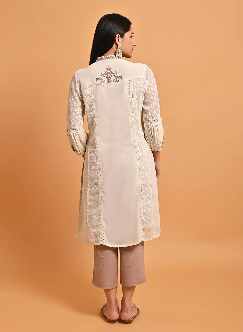Ivory Long Kurta with Embroidery and Flared Sleeves