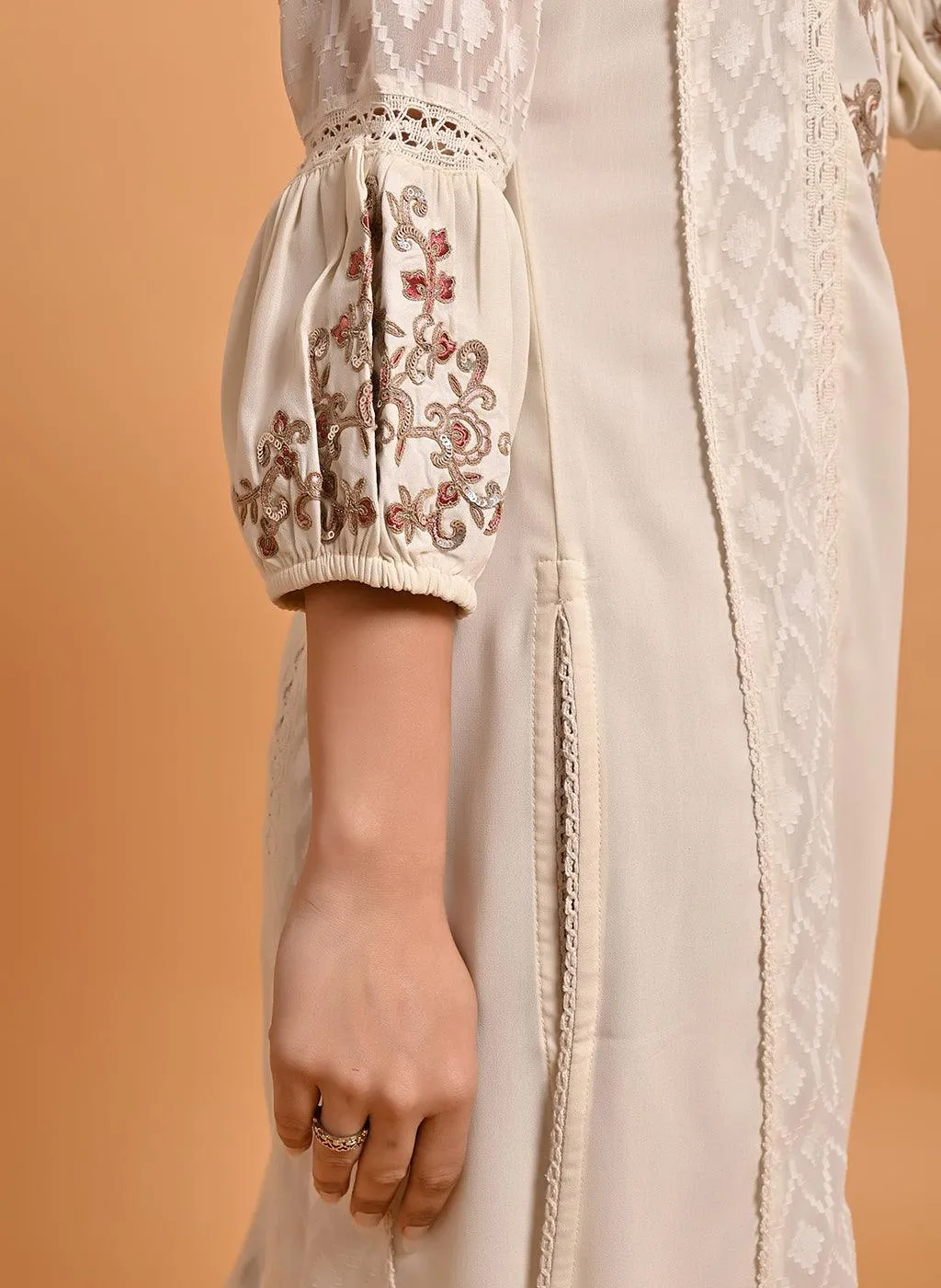 Ivory Long Kurta with Embroidery and Flared Sleeves