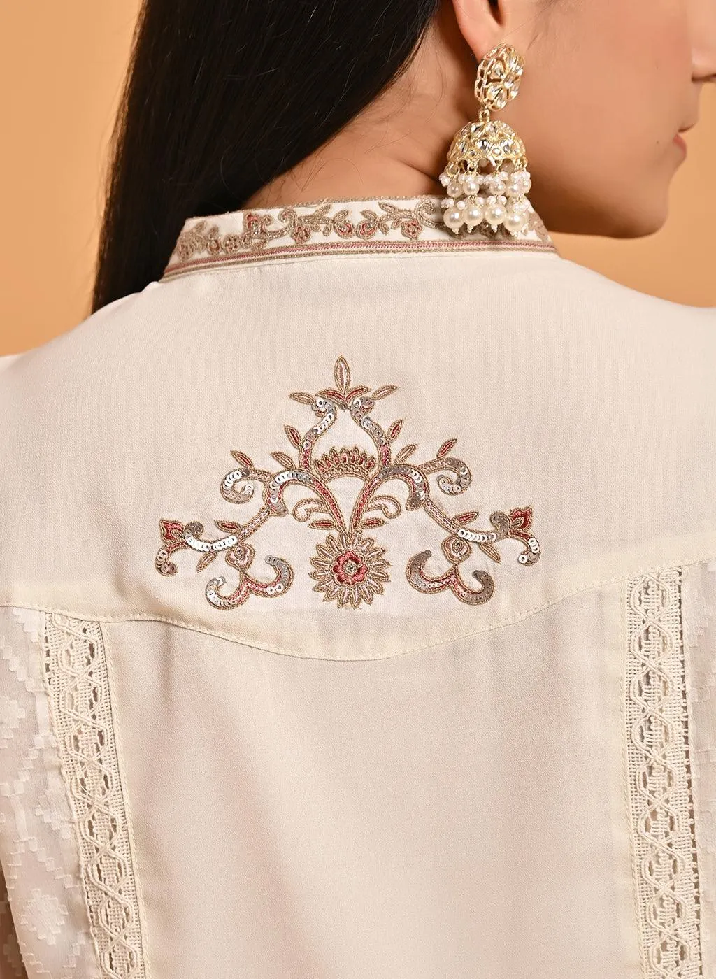 Ivory Long Kurta with Embroidery and Flared Sleeves