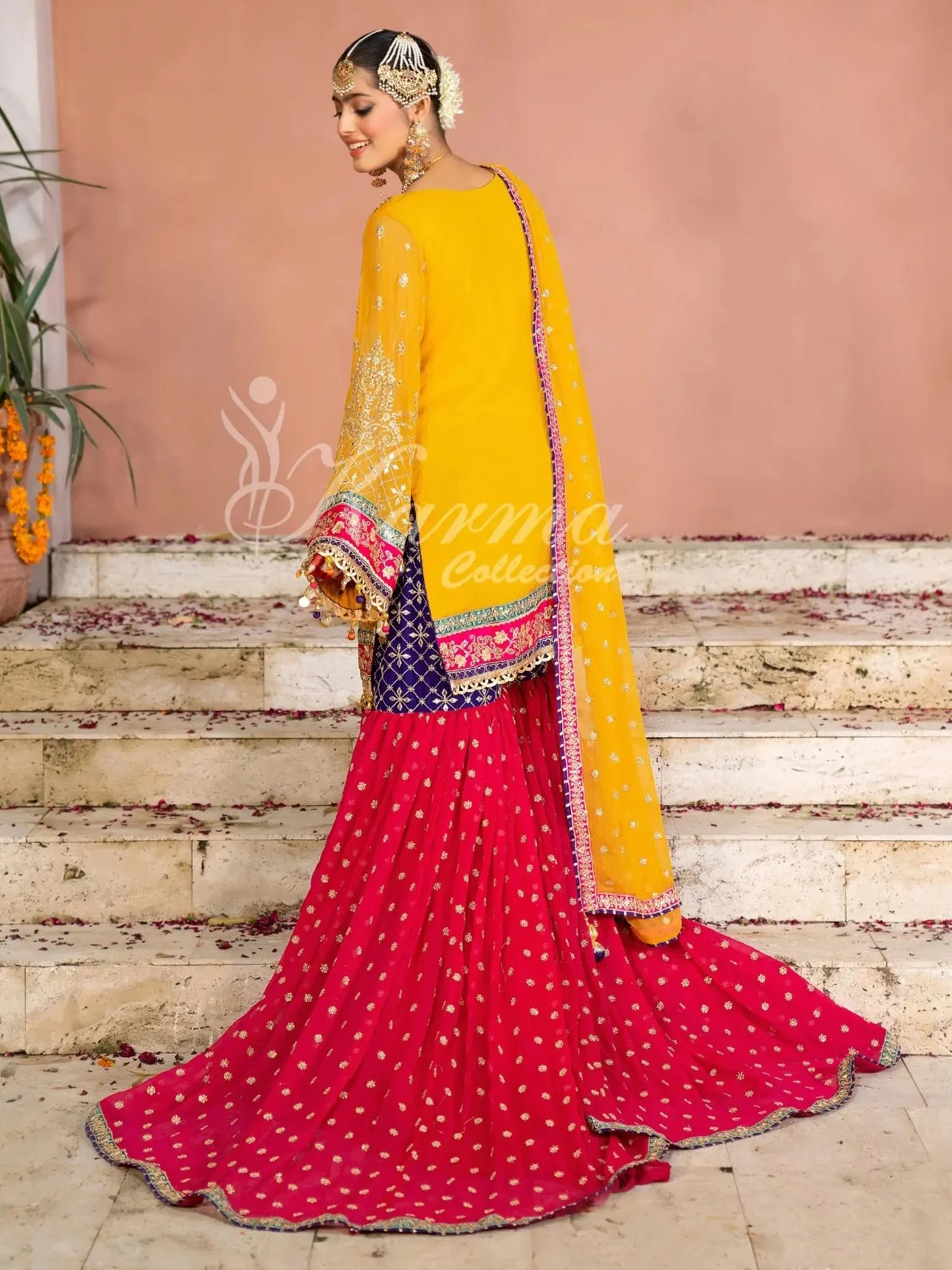 Karma Collection Yellow & Pink Chiffon Sharara Suit (F-425)
