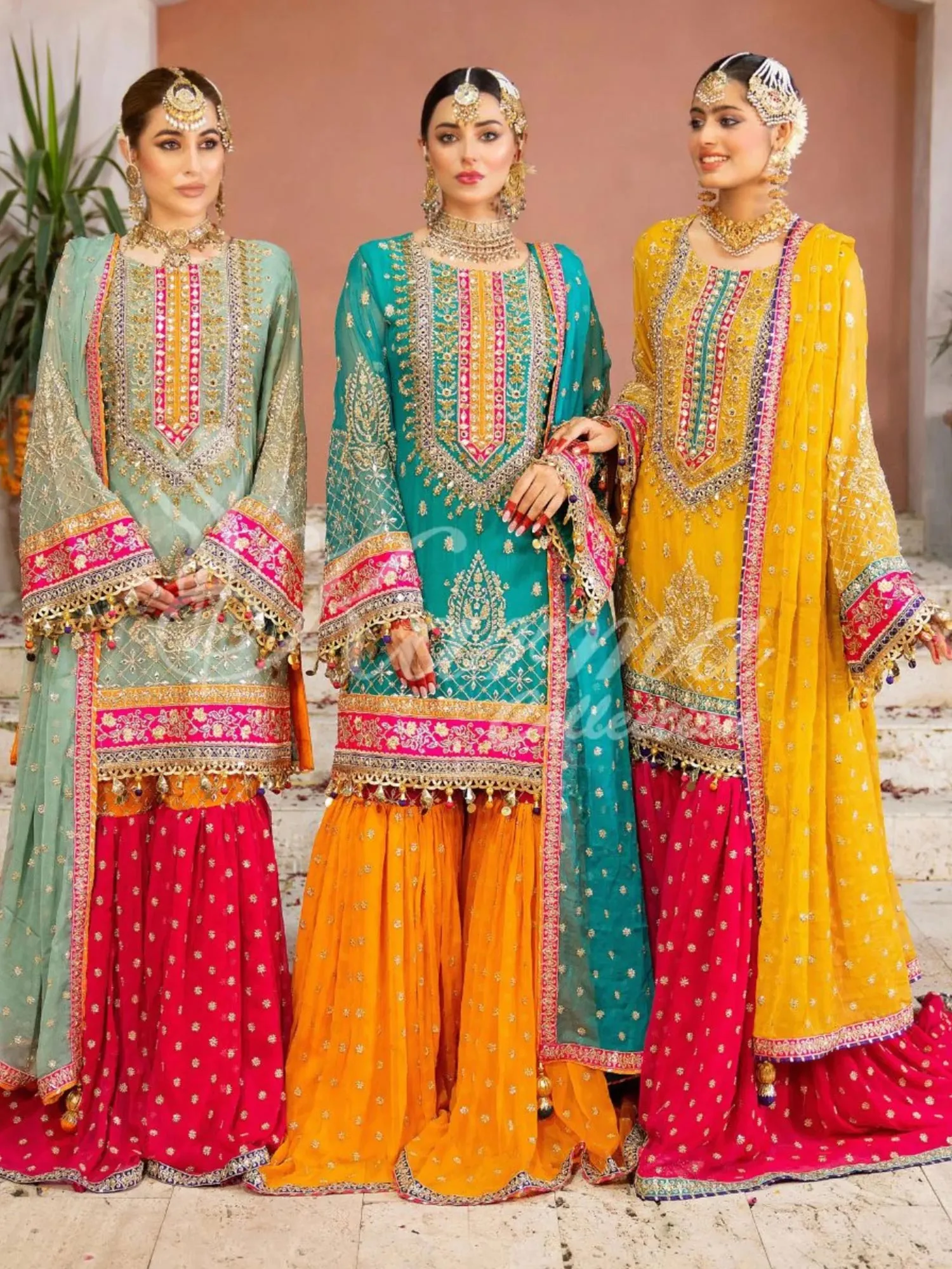 Karma Collection Yellow & Pink Chiffon Sharara Suit (F-425)