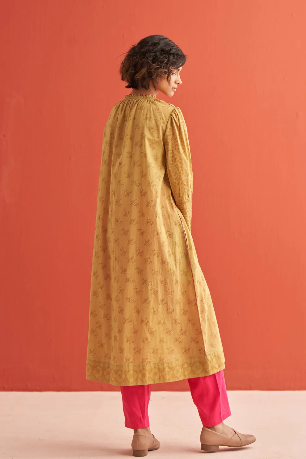 Lace Gathered Neck hand block printed kurta