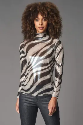 Lola & Sophie Womens Foil Zebra Print Mesh Turtleneck Top