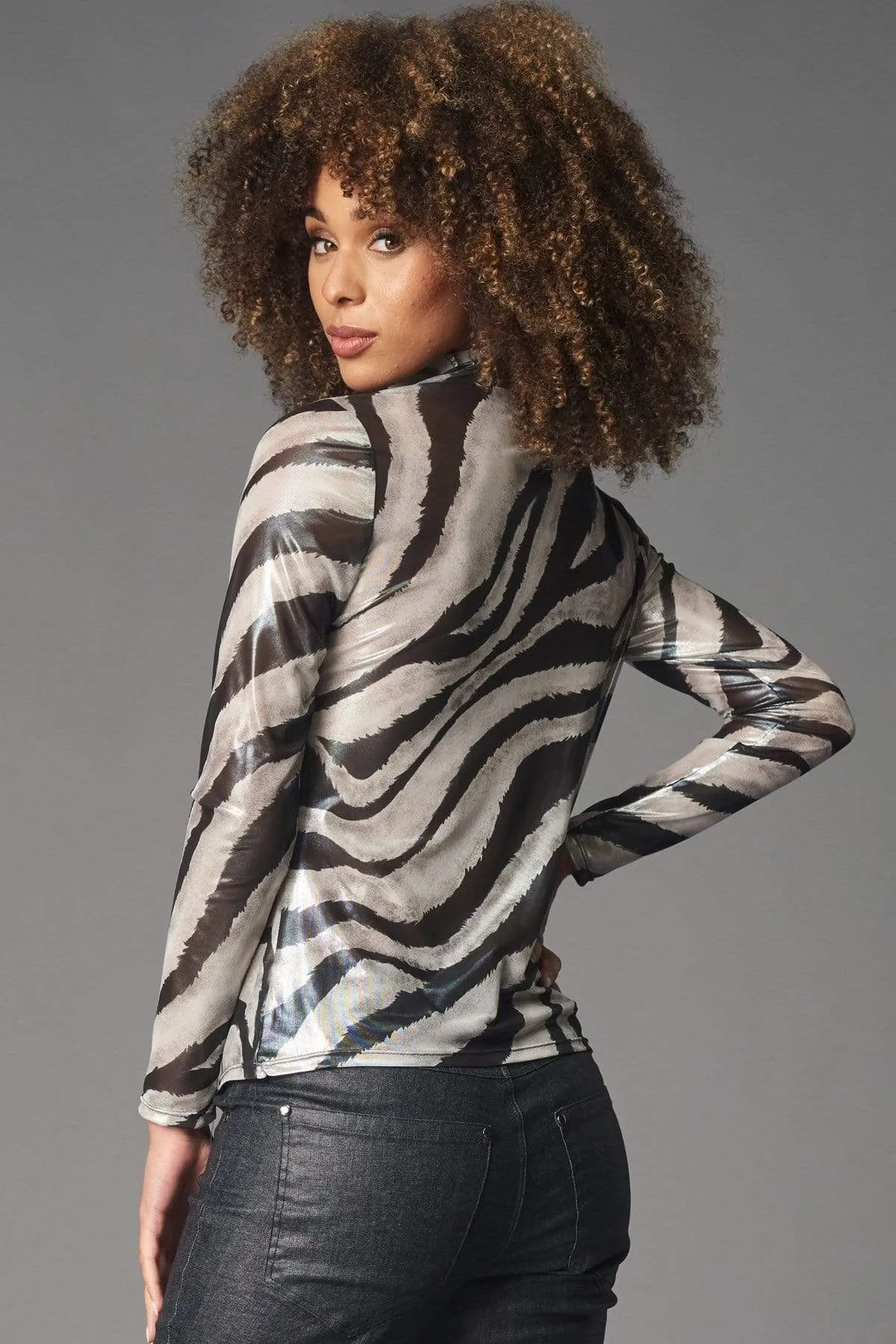 Lola & Sophie Womens Foil Zebra Print Mesh Turtleneck Top