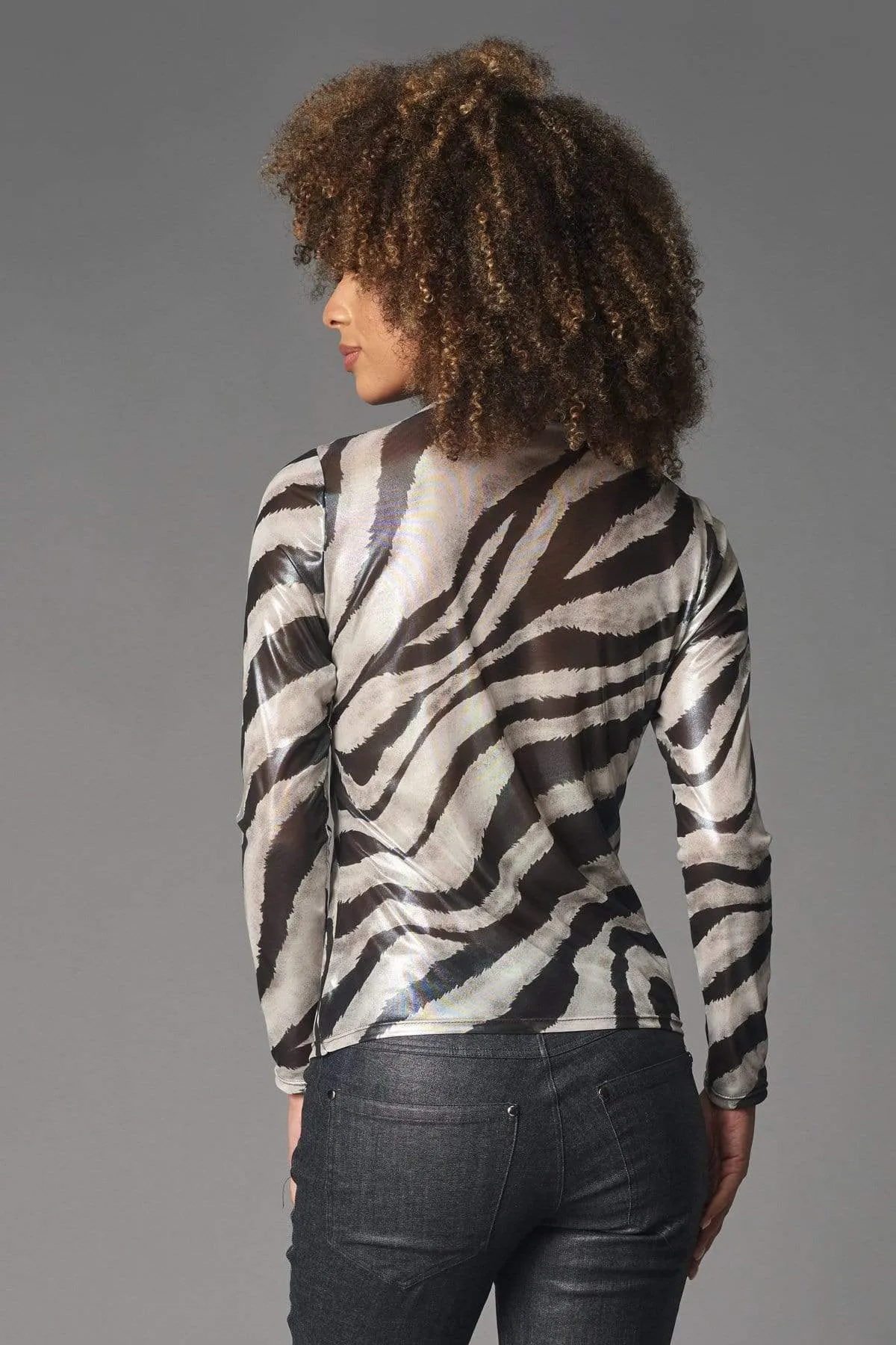 Lola & Sophie Womens Foil Zebra Print Mesh Turtleneck Top