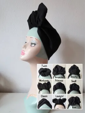 Made To Order: BLACK KNOT CHOICE 1940s Pre-tied Stretchy Plain Black Turban