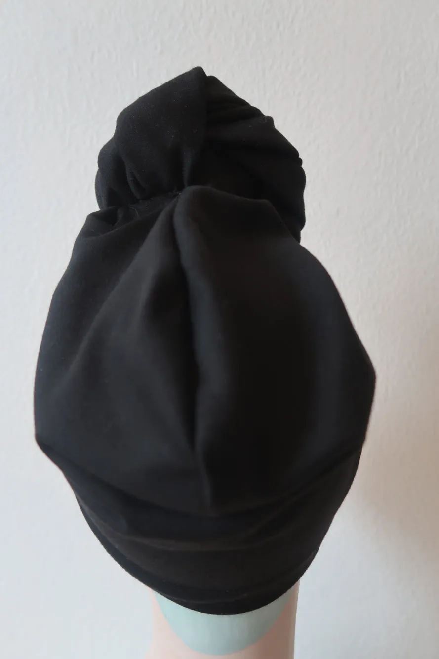 Made To Order: BLACK KNOT CHOICE 1940s Pre-tied Stretchy Plain Black Turban