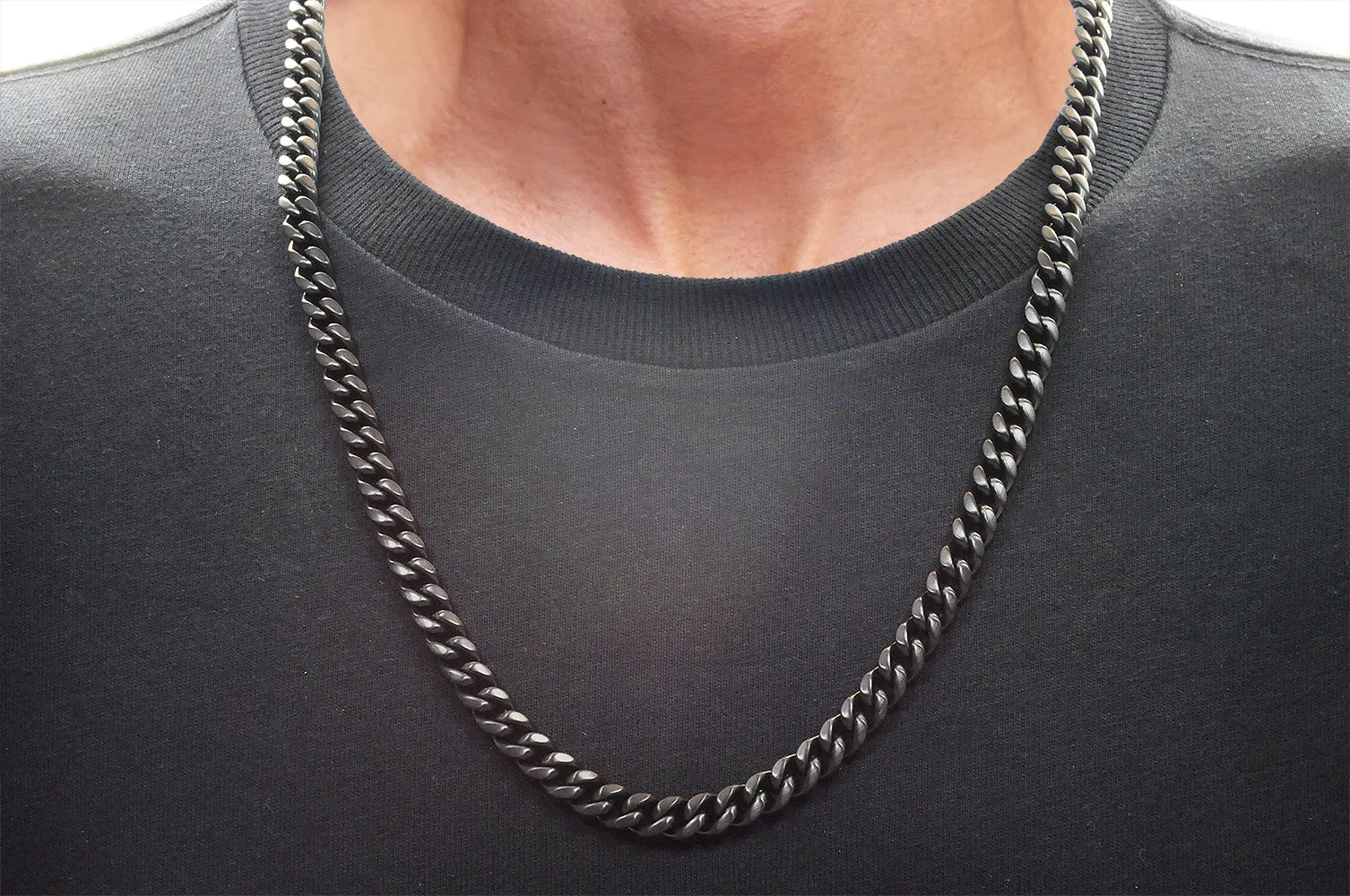Mens 10mm Matte Black Stainless Steel Miami Cuban Link Chain With Box Clasp Set