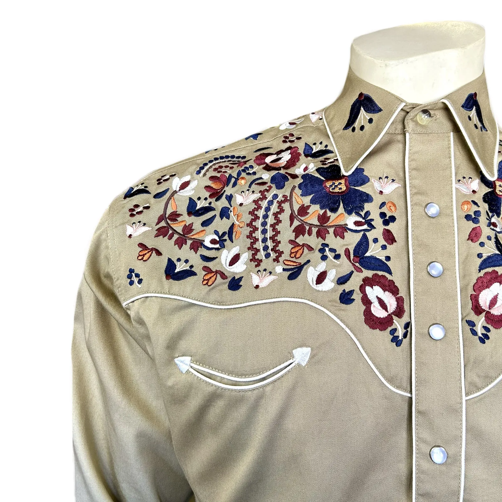 Men's Vintage Khaki Floral Embroidery Western Shirt