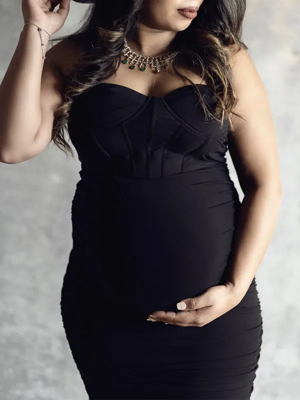 Momnfancy Black Ruched Fishbone Club Chic Bodycon Photoshoot Baby Shower Maternity Mini Dress