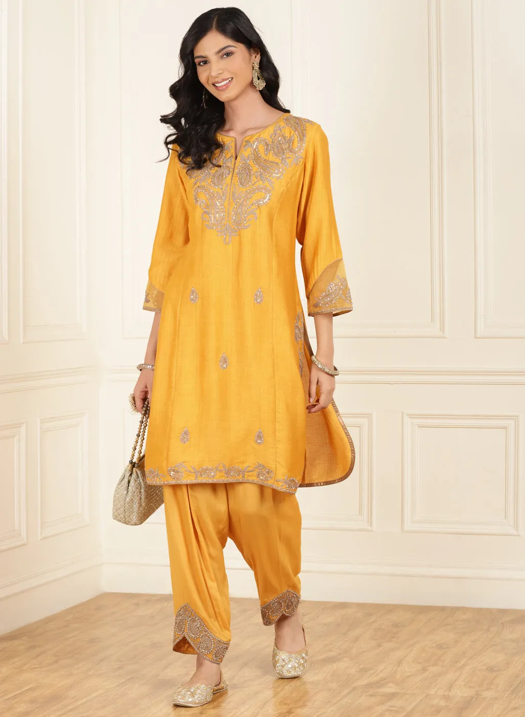 Mustard Embroidered Chanderi Kurta Set