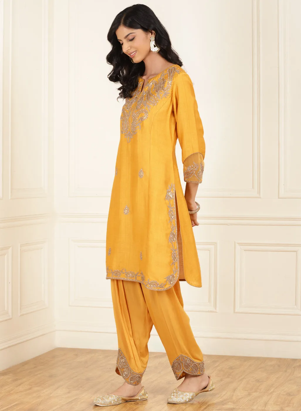 Mustard Embroidered Chanderi Kurta Set