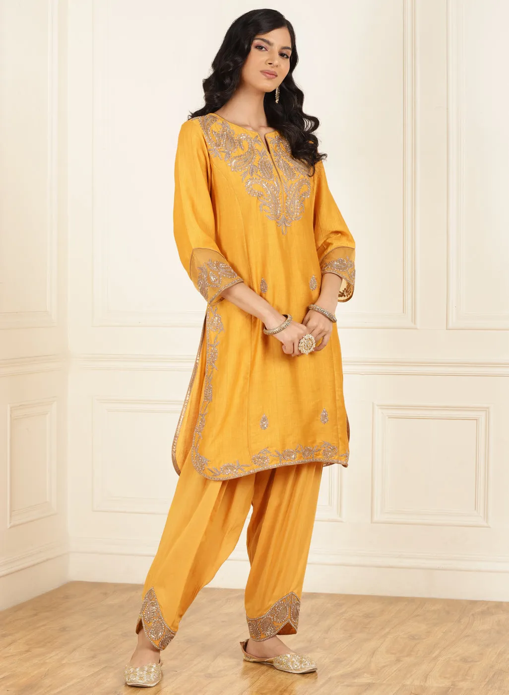 Mustard Embroidered Chanderi Kurta Set