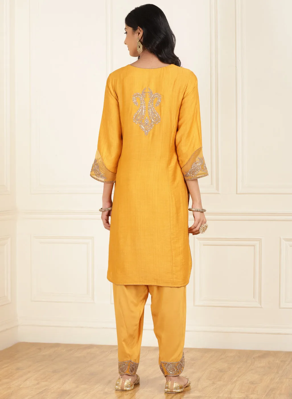 Mustard Embroidered Chanderi Kurta Set