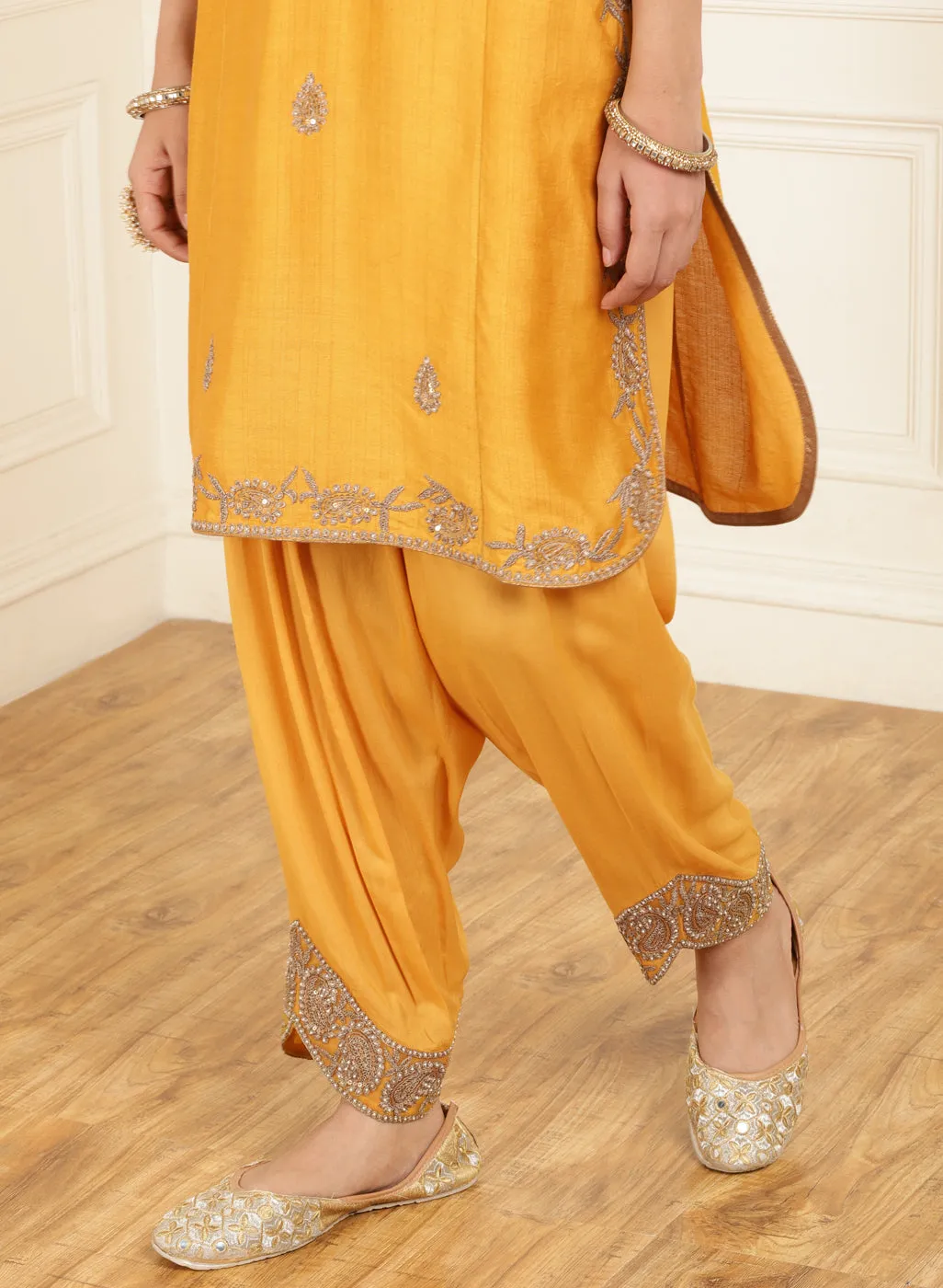 Mustard Embroidered Chanderi Kurta Set