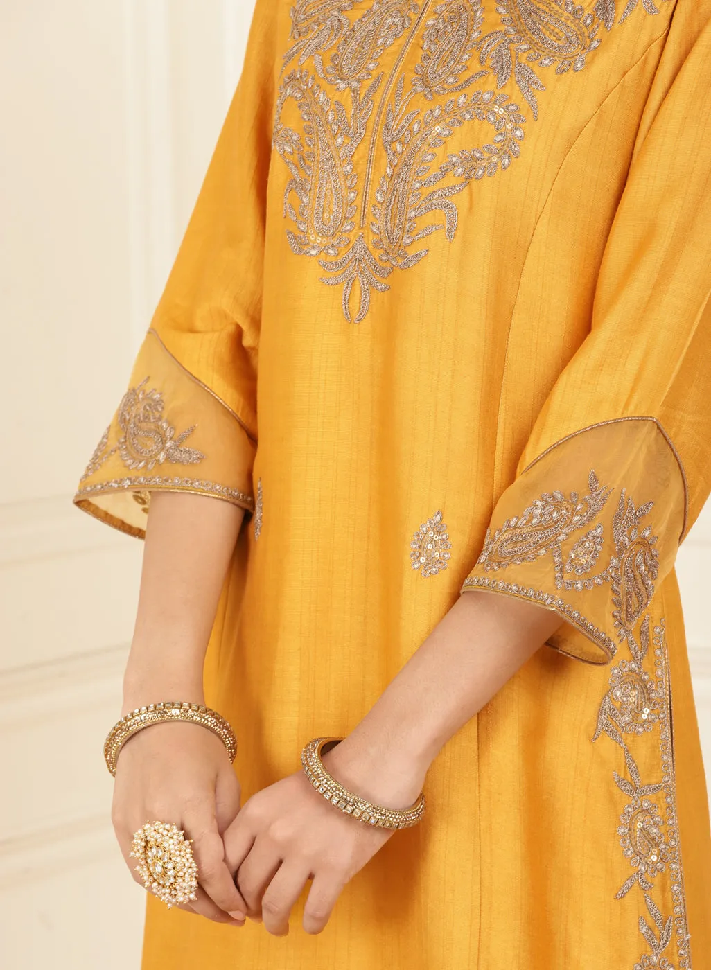 Mustard Embroidered Chanderi Kurta Set