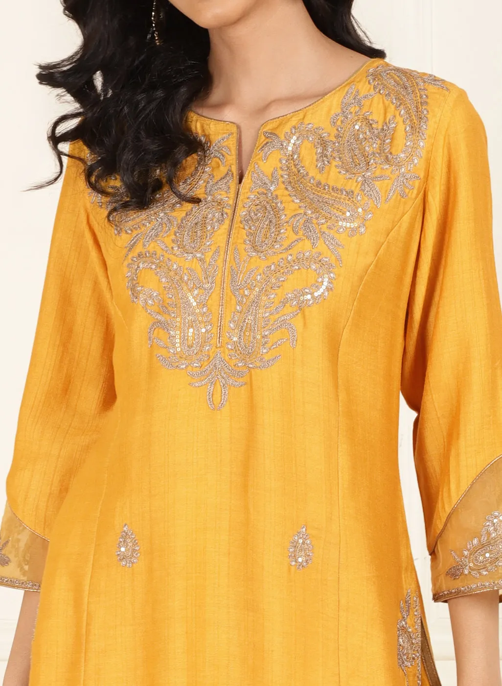 Mustard Embroidered Chanderi Kurta Set