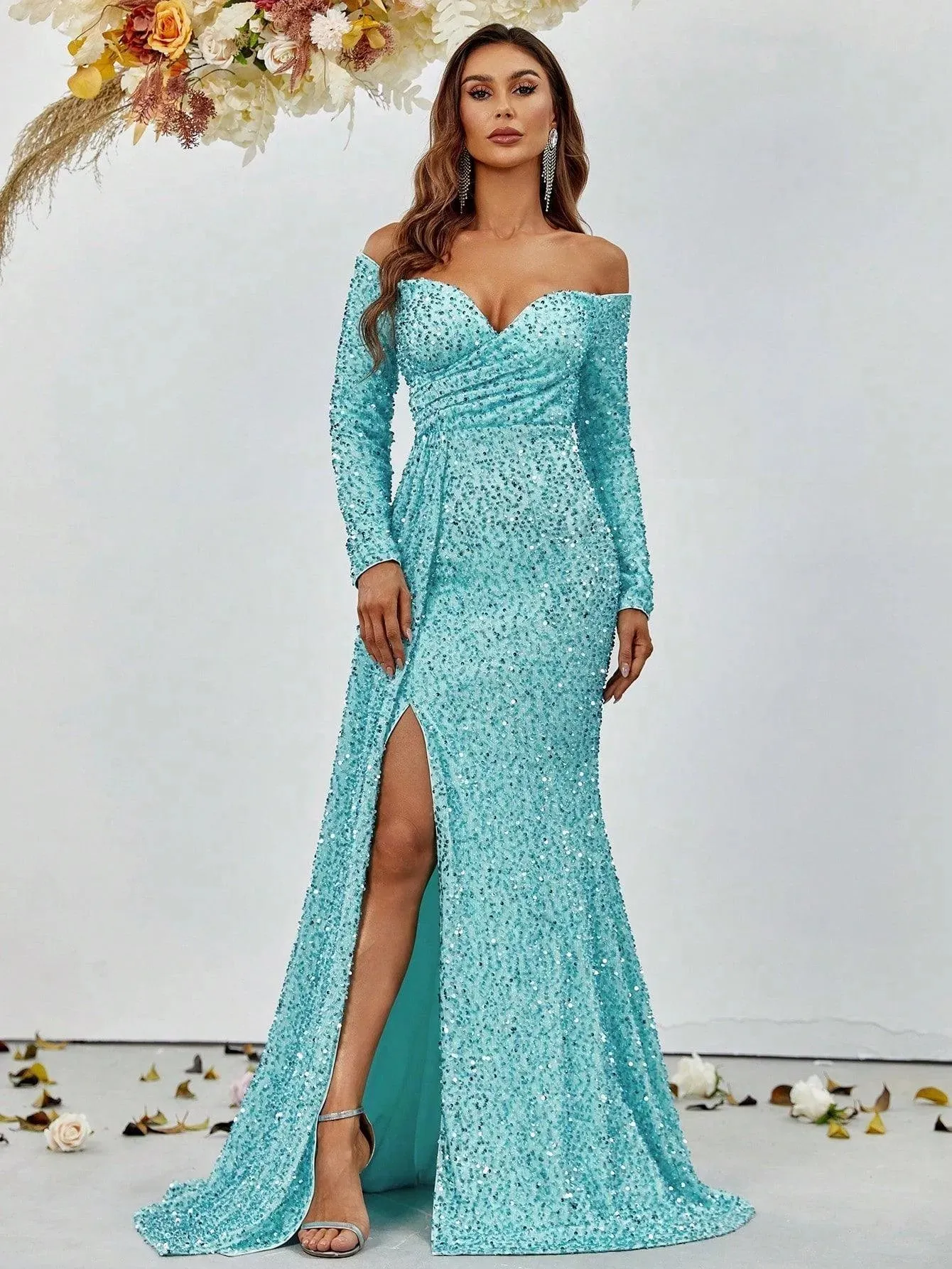 Off Shoulder Sweetheart Neck Split Thigh Sequin Dress