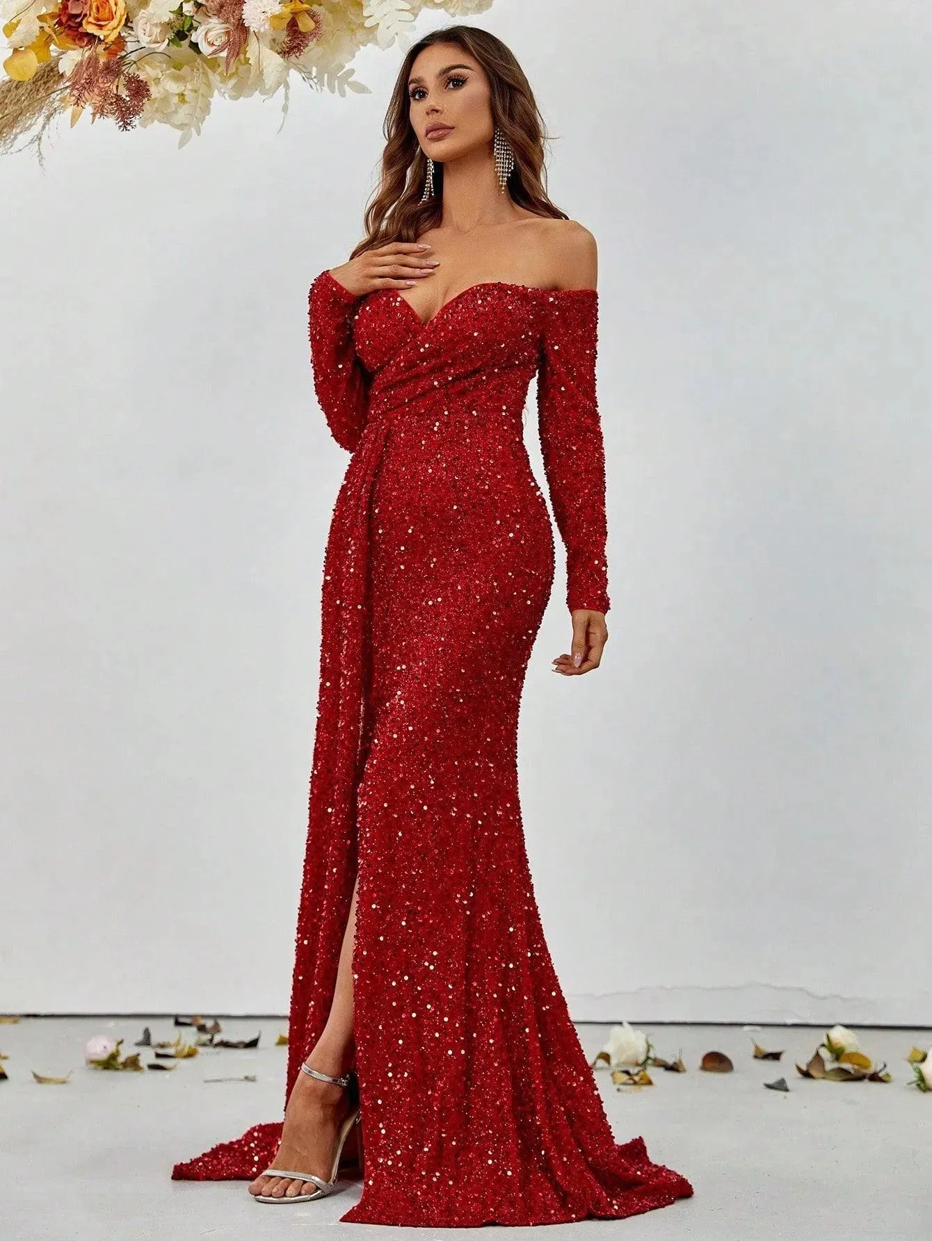 Off Shoulder Sweetheart Neck Split Thigh Sequin Dress