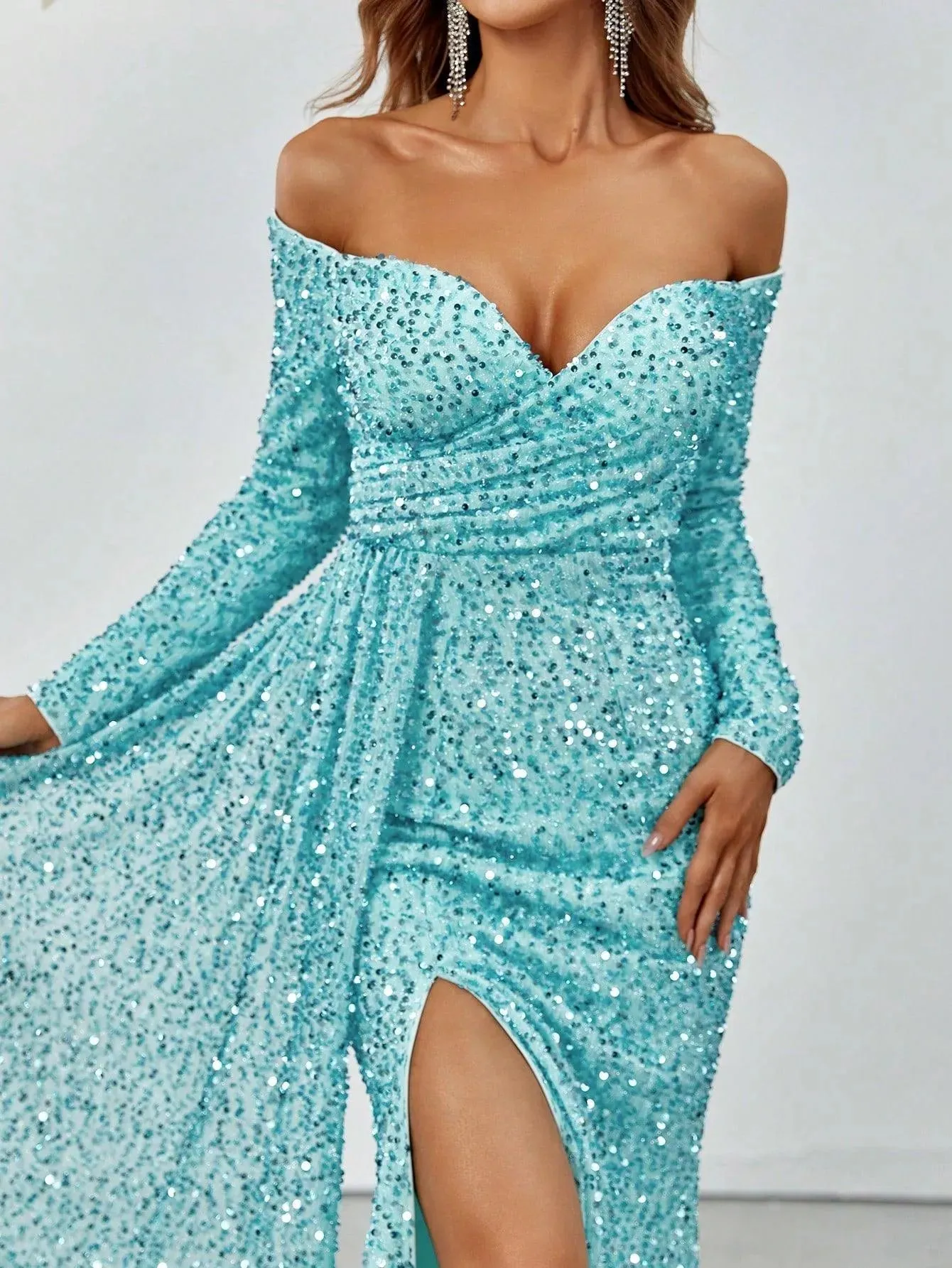 Off Shoulder Sweetheart Neck Split Thigh Sequin Dress