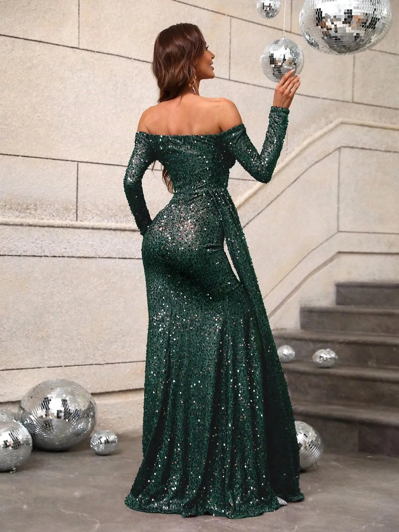 Off Shoulder Sweetheart Neck Split Thigh Sequin Dress