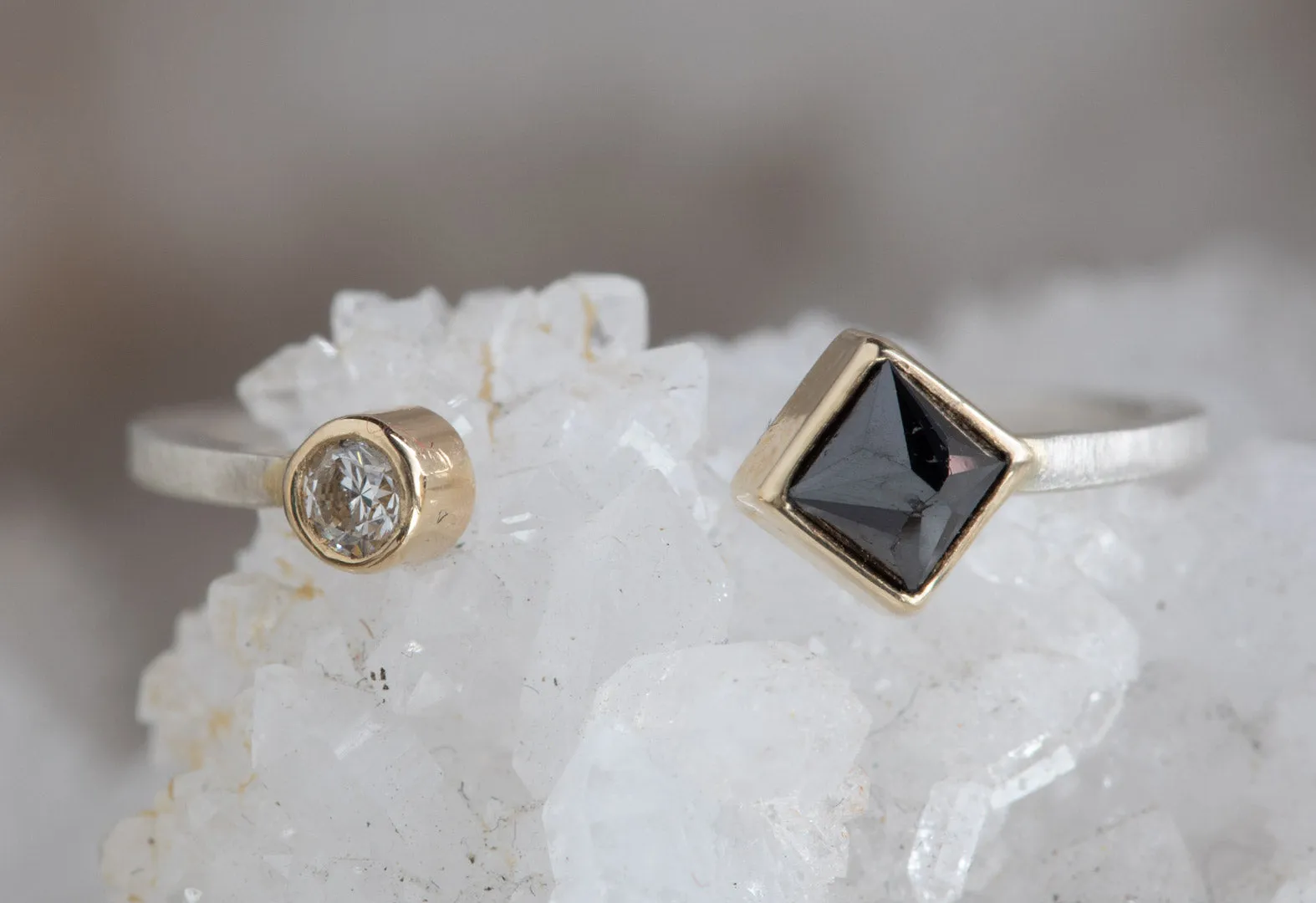 Open Cuff Black   White Diamond Ring