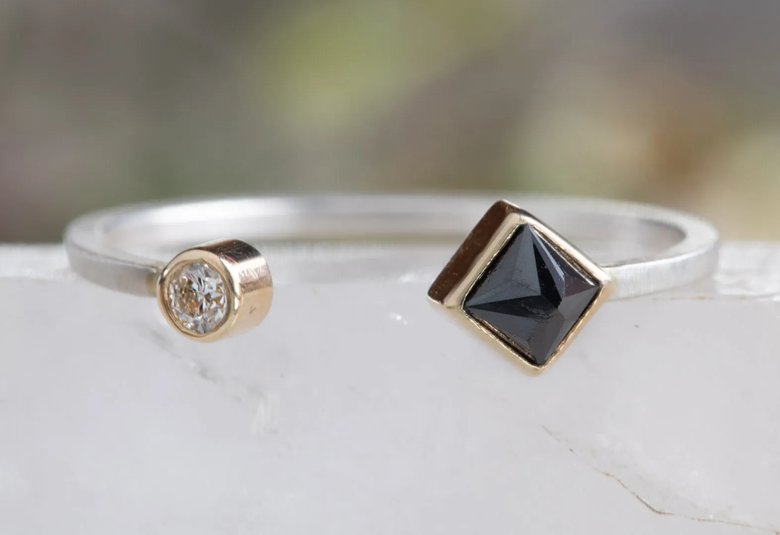 Open Cuff Black   White Diamond Ring