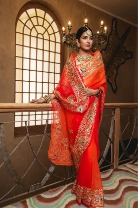 Orange Resham Sikhiya Sequins Pure Chiffon Saree