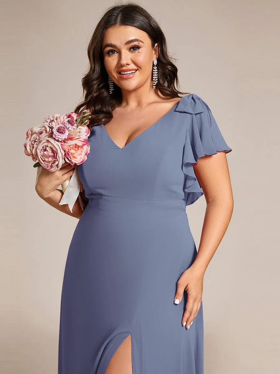 Plus Size Split Ruffles Sleeves with Bowknot Double V-neck Chiffon Bridesmaid Dress