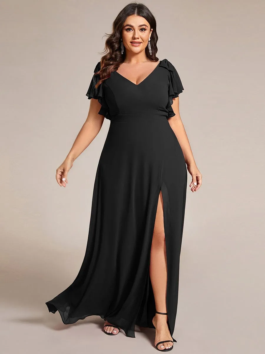 Plus Size Split Ruffles Sleeves with Bowknot Double V-neck Chiffon Bridesmaid Dress