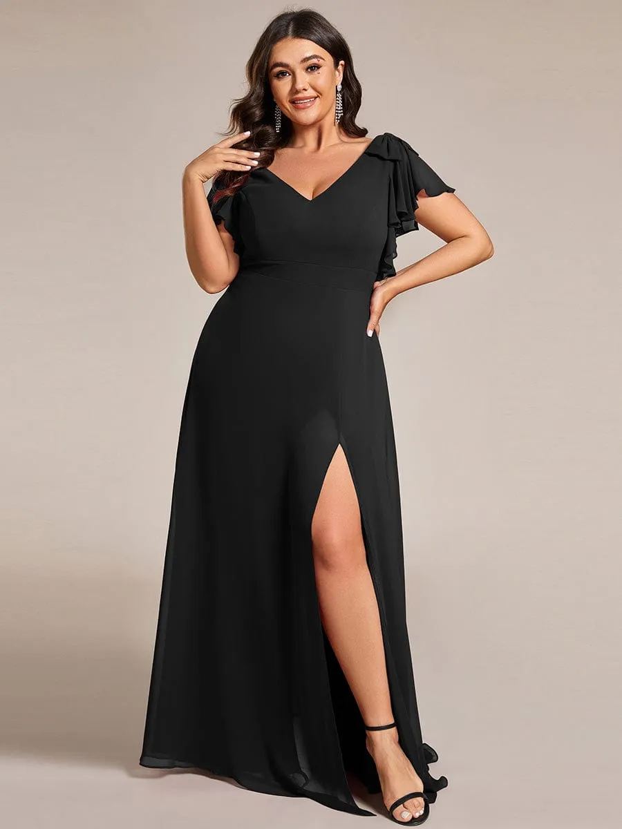 Plus Size Split Ruffles Sleeves with Bowknot Double V-neck Chiffon Bridesmaid Dress